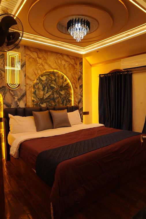 Bedroom with warm lighting